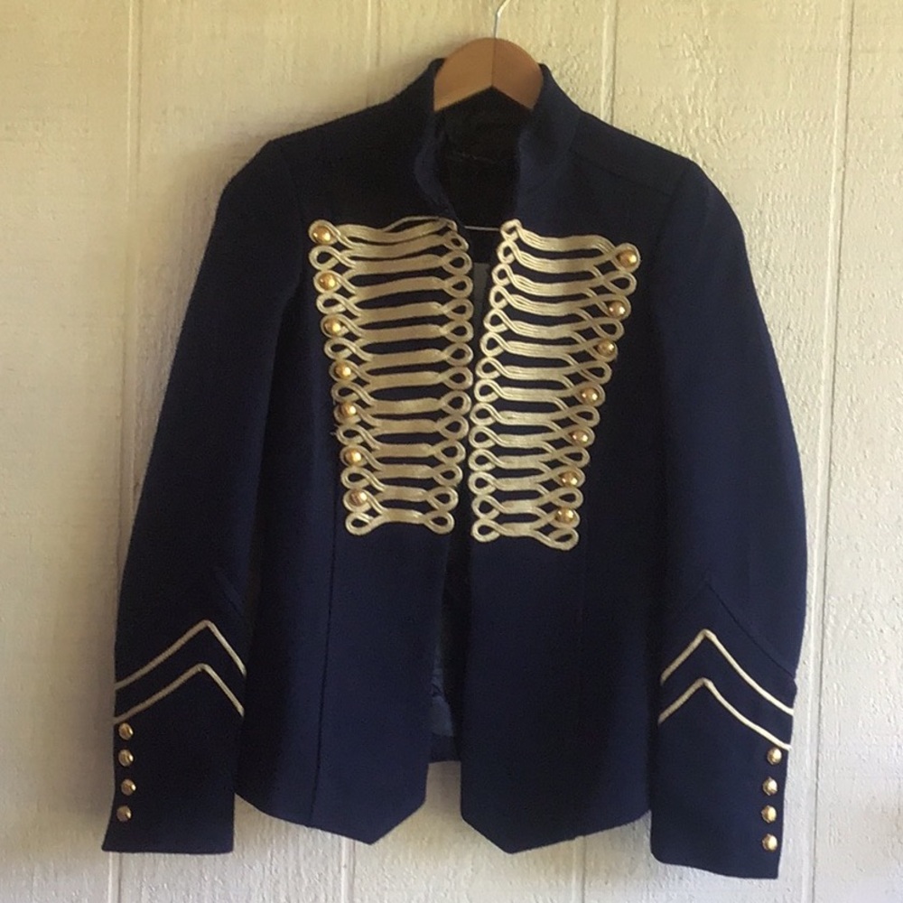 Zara Military Style marching band navy cotton gold embroidered blazer Jacket